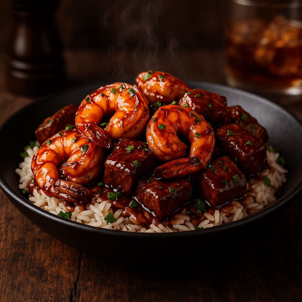 Honey Garlic Shrimp & Steak Rice Plate